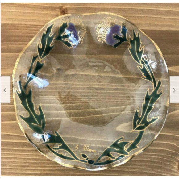 Scottish Thistle Artisan Signed Glass Plate Scalloped Edge Trinket Dish J. Elora - Picture 2 of 6